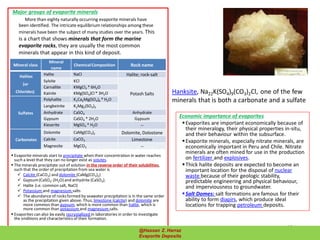 Economic importance of evaporites
Evaporites are important economically because of
their mineralogy, their physical properties in-situ,
and their behaviour within the subsurface.
Evaporite minerals, especially nitrate minerals, are
economically important in Peru and Chile. Nitrate
minerals are often mined for use in the production
on fertilizer and explosives.
Thick halite deposits are expected to become an
important location for the disposal of nuclear
waste because of their geologic stability,
predictable engineering and physical behaviour,
and imperviousness to groundwater.
Salt Domes: salt formations are famous for their
ability to form diapirs, which produce ideal
locations for trapping petroleum deposits.
 Evaporite minerals start to precipitate when their concentration in water reaches
such a level that they can no longer exist as solutes.
 The minerals precipitate out of solution in the reverse order of their solubilities,
such that the order of precipitation from sea water is
 Calcite (CaCO3) and dolomite (CaMg(CO3)2)
 Gypsum(CaSO4-2H2O) and anhydrite (CaSO4).
 Halite (i.e. common salt, NaCl)
 Potassium and magnesium salts
 The abundance of rocksformed by seawater precipitation is in the same order
as the precipitation given above. Thus, limestone (calcite) and dolomite are
more common than gypsum, which is more common than halite, which is
more common than potassium and magnesium salts.
 Evaporites can also be easily recrystallized in laboratories in order to investigate
the onditions and characteristics of their formation.
Major groups of evaporite minerals
More than eighty naturally occurring evaporite minerals have
been identified. The intricate equilibrium relationships among these
minerals have been the subject of many studies over the years. This
is a chart that shows minerals that form the marine
evaporite rocks, they are usually the most common
minerals that appear in this kind of deposit.
Hanksite, Na22K(SO4)9(CO3)2Cl, one of the few
minerals that is both a carbonate and a sulfate
Mineral class
Mineral
name
ChemicalComposition Rock name
Halites
(or
Chlorides)
Halite NaCl Halite; rock-salt
Sylvite KCl
Potash Salts
Carnallite KMgCl3 * 6H2O
Kainite KMg(SO4)Cl * 3H2O
Sulfates
Polyhalite K2Ca2Mg(SO4)6 * H2O
Langbeinite K2Mg2(SO4)3
Anhydrate CaSO4 Anhydrate
Gypsum CaSO4 * 2H2O Gypsum
Kieserite MgSO4 * H2O --
Carbonates
Dolomite CaMg(CO3)2 Dolomite, Dolostone
Calcite CaCO3 Limestone
Magnesite MgCO3 --
42
@Hassan Z. Harraz
Evaporite Deposits
 