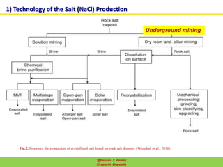 1) Technology of the Salt (NaCl) Production
Fig.2. Processes for production of crystallized salt based on rock salt deposits (Westphal et al., 2010)
Underground mining
44@Hassan Z. Harraz
Evaporite Deposits
 