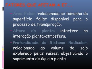 FATORES QUE AFETAM A ET...
– Área Foliar: relacionada ao tamanho da
superfície foliar disponível para o
processo de transpiração.
– Altura da planta: interfere na
interação planta-atmosfera.
– Profundidade do Sistema Radicular:
relacionado ao volume de solo
explorado pelas raízes, objetivando o
suprimento de água à planta.
 