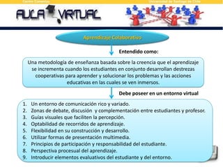 Aprendizaje ColaborativoEntendido como:Una metodología de enseñanza basada sobre la creencia que el aprendizaje se incrementa cuando los estudiantes en conjunto desarrollan destrezas cooperativas para aprender y solucionar los problemas y las acciones educativas en las cuales se ven inmersos.Debe poseer en un entorno virtualUn entorno de comunicación rico y variado.Zonas de debate, discusión  y complementación entre estudiantes y profesor.Guías visuales que faciliten la percepción.Optabilidad de recorridos de aprendizaje.Flexibilidad en su construcción y desarrollo.Utilizar formas de presentación multimedia.Principios de participación y responsabilidad del estudiante.Perspectiva procesual del aprendizaje.Introducir elementos evaluativos del estudiante y del entorno.