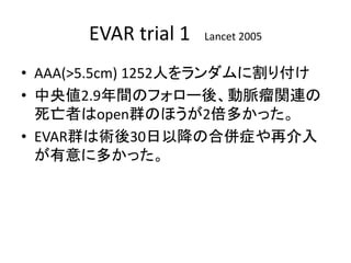 EVAR trial 1 Lancet 2005
• AAA(>5.5cm) 1252人をランダムに割り付け
• 中央値2.9年間のフォロー後、動脈瘤関連の
死亡者はopen群のほうが2倍多かった。
• EVAR群は術後30日以降の合併症や再介入
が有意に多かった。
 