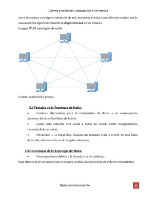 Carrera profesional: computacion e informatica
Redes de comunicación 15
entre dos nodos o equipos terminales de red, mantener el enlace usando otro camino con lo
cual aumenta significativamente la disponibilidad de los enlaces.
Imagen N°:05 topologías de malla
Fuente: elaboración propia
8.1Ventajas de la Topología de Malla:
 Caminos alternativos para la transmisión de datos y en consecuencia
aumento de la confiabilidad de la red.
 Como cada estación está unida a todas las demás existe independencia
respecto de la anterior.
 Privacidad o la Seguridad. Cuando un mensaje viaja a través de una línea
dedicada, solamente lo ve el receptor adecuado.
8.2Desventajas de la Topología de Malla:
 Poco económica debido a la abundancia de cableado.
Baja eficiencia de las conexiones o enlaces, debido a la existencia de enlaces redundantes.
 