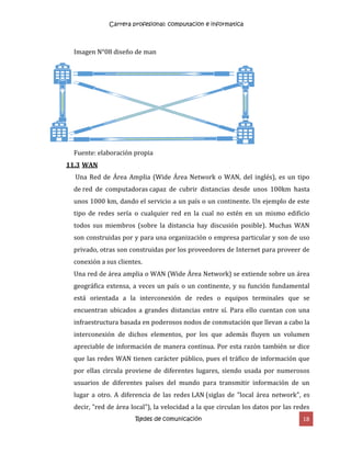 Carrera profesional: computacion e informatica
Redes de comunicación 18
Imagen N°08 diseño de man
Fuente: elaboración propia
11.3 WAN
Una Red de Área Amplia (Wide Área Network o WAN, del inglés), es un tipo
de red de computadoras capaz de cubrir distancias desde unos 100km hasta
unos 1000 km, dando el servicio a un país o un continente. Un ejemplo de este
tipo de redes sería o cualquier red en la cual no estén en un mismo edificio
todos sus miembros (sobre la distancia hay discusión posible). Muchas WAN
son construidas por y para una organización o empresa particular y son de uso
privado, otras son construidas por los proveedores de Internet para proveer de
conexión a sus clientes.
Una red de área amplia o WAN (Wide Área Network) se extiende sobre un área
geográfica extensa, a veces un país o un continente, y su función fundamental
está orientada a la interconexión de redes o equipos terminales que se
encuentran ubicados a grandes distancias entre sí. Para ello cuentan con una
infraestructura basada en poderosos nodos de conmutación que llevan a cabo la
interconexión de dichos elementos, por los que además fluyen un volumen
apreciable de información de manera continua. Por esta razón también se dice
que las redes WAN tienen carácter público, pues el tráfico de información que
por ellas circula proviene de diferentes lugares, siendo usada por numerosos
usuarios de diferentes países del mundo para transmitir información de un
lugar a otro. A diferencia de las redes LAN (siglas de "local área network", es
decir, "red de área local"), la velocidad a la que circulan los datos por las redes
 