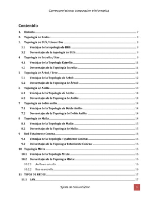 Carrera profesional: computacion e informatica
Redes de comunicación 5
Contenido
1. Historia ............................................................................................................................................................................. 7
2. Topología de Redes.................................................................................................................................................... 8
3. Topología de BUS / Linear Bus ............................................................................................................................ 8
3.1 Ventajas de la topología de BUS:............................................................................................................... 9
3.2 Desventajas de la topología de BUS: ....................................................................................................... 9
4 Topología de Estrella / Star................................................................................................................................... 9
4.1 Ventajas de la Topología Estrella:..........................................................................................................11
4.2 Desventajas de la Topología Estrella: ..................................................................................................11
5 Topología de Árbol / Tree....................................................................................................................................11
5.1 Ventajas de la Topología de Árbol:........................................................................................................12
5.2 Desventajas de la Topología de Árbol: ................................................................................................12
6 Topología de Anillo..................................................................................................................................................13
6.1 Ventajas de la Topología de Anillo: .......................................................................................................14
6.2 Desventajas de la Topología de Anillo:................................................................................................14
7 Topología en doble anillo.....................................................................................................................................14
7.1 Ventajas de la Topología de Doble Anillo:.........................................................................................14
7.2 Desventajas de la Topología de Doble Anillo: .................................................................................14
8 Topología de Malla...................................................................................................................................................14
8.1 Ventajas de la Topología de Malla: ........................................................................................................15
8.2 Desventajas de la Topología de Malla:.................................................................................................15
9 Red Totalmente Conexa.........................................................................................................................................16
9.1 Ventajas de la Topología Totalmente Conexa:................................................................................16
9.2 Desventajas de la Topología Totalmente Conexa: ........................................................................16
10 Topología Mixta .........................................................................................................................................................16
10.1 Ventajas de la Topología Mixta:...............................................................................................................16
10.2 Desventajas de la Topología Mixta:.......................................................................................................16
10.2.1 Anillo en estrella.......................................................................................................................................16
10.2.2 Bus en estrella............................................................................................................................................16
11 TIPOS DE REDES.........................................................................................................................................................17
11.1 LAN...........................................................................................................................................................................17
 