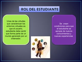Unas de las virtudes
que caracterizan los
entornos virtuales es
que el usuario,
estudiante debe sentir
que forma parte de un
mundo generado por un
ordenador.
Unas de las virtudes
que caracterizan los
entornos virtuales es
que el usuario,
estudiante debe sentir
que forma parte de un
mundo generado por un
ordenador.
Se crean
condiciones para que
el estudiante se
apropie de nuevos
conocimientos y
nuevas experiencias
 