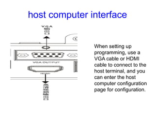 host computer interface
When setting up
programming, use a
VGA cable or HDMI
cable to connect to the
host terminal, and yo...