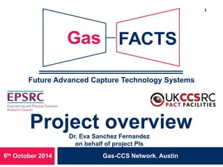 Future Advanced Capture Technology Systems 
Project overview 
GasFACTS UKCCSRC 
Gas-CCS Network. Austin 
6th October 2014 
Dr. Eva Sanchez Fernandez 
on behalf of project PIs 
1 
 
