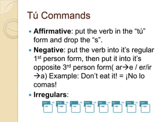 Tú Commands
 Affirmative: put the verb in the “tú”
  form and drop the “s”.
 Negative: put the verb into it’s regular
  1st person form, then put it into it’s
  opposite 3rd person form( are / er/ir
  a) Example: Don’t eat it! = ¡No lo
  comas!
 Irregulars:
    Decir    Hacer     Ir          Poner     Salir     Ser      Tener     Venir

      • Di     • Haz        • Ve     • Pon     • Sal     • Sé     • Ten     • Ven
 
