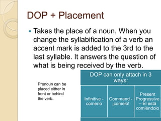 DOP + Placement
   Takes the place of a noun. When you
    change the syllabification of a verb an
    accent mark is added to the 3rd to the
    last syllable. It answers the question of
    what is being received by the verb.
                           DOP can only attach in 3
                                   ways:
     Pronoun can be
     placed either in
     front or behind                               Present
     the verb.          Infinitive -   Command - Progressive
                         comerio        ¡comelo!  – Él está
                                                 comiéndolo
 