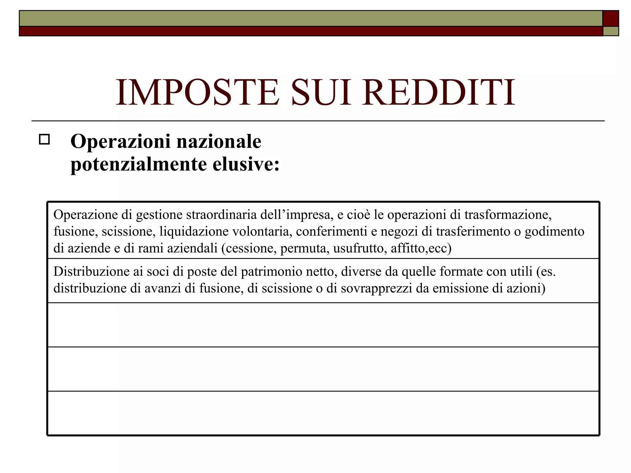 IMPOSTE SUI REDDITI Operazioni nazionale potenzialmente elusive: Distribuzione ai soci di poste del patrimonio netto, diverse da quelle formate con utili (es. distribuzione di avanzi di fusione, di scissione o di sovrapprezzi da emissione di azioni) Operazione di gestione straordinaria dell’impresa, e cioè le operazioni di trasformazione, fusione, scissione, liquidazione volontaria, conferimenti e negozi di trasferimento o godimento di aziende e di rami aziendali (cessione, permuta, usufrutto, affitto,ecc) 