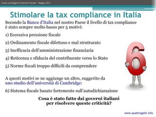 Come sconfiggere l'evasione fiscale? – Maggio 2012




        Stimolare la tax compliance in Italia
   Secondo la Banca d'Italia nel nostro Paese il livello di tax compliance
   è stato sempre molto basso per 5 motivi:
   1) Eccessiva pressione fiscale
   2) Ordinamento fiscale difettoso e mal strutturato
   3) Inefficacia dell'amministrazione finanziaria
   4) Reticenza e sfiducia del contribuente verso lo Stato
   5) Norme fiscali troppo difficili da comprendere

   A questi motivi se ne aggiunge un altro, suggerito da
   uno studio dell’università di Cambridge:
   6) Sistema fiscale basato fortemente sull’autodichiarazione
                                     Cosa è stato fatto dai governi italiani
                                        per risolvere queste criticità?

                                                                               www.quattrogatti.info
 