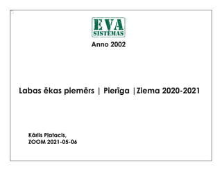 The picture
can't be
displayed.
Kārlis Platacis,
ZOOM 2021-05-06
Labas ēkas piemērs | Pierīga |Ziema 2020-2021
Anno 2002
 
