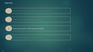 Agenda.
ASEAN & Thailand Automotive Industry
Electric Vehicle Association of Thailand (EVAT)
1
2
Thai Government’s ZEV Support Schemes
3
4
13
Thailand’s ZEV Target and Opportunities
 