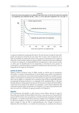 Capítulo 10 – ETc bajo distintas prácticas de manejo                                                    203




                                                       FIGURA 46
  Curvas de Kc para áreas pequeñas con vegetación bajo efecto oasis, en función del ancho de la superficie
  con vegetación, para condiciones de HRmin = 30%, u2 = 2 m/s, altura de la vegetación (h) = 2 m y IAF = 3

                    2.6
                                   límite superior de Kc
                    2.4
             Kc     2.2
                    2.0
                    1.8
                                          rodeada de áreas secas
                    1.6
                    1.4
                    1.2
                    1.0
                    0.8
                                          rodeada de pasto bien humedecido
                    0.6
                    0.4
                    0.2
                    0.0
                          0          50          100          150       200           250   300
                                          Ancho de la superficie con vegetación (m)




la etapa de mediados de temporada del cultivo. El estrés durante la etapa de desarrollo
puede incrementar la duración de esta etapa. Por lo tanto, tanto la duración de la
etapa de mediados de temporada, Lmed, como quizás las duraciones de las etapas de
desarrollo y final, pueden requerir de ajustes debido a la presencia del estrés ambiental
o el daño a la vegetación. La disponibilidad de investigaciones y observaciones locales
es crítica para la identificación de las magnitudes y extensión de estos ajustes. A
continuación se describen algunos ejemplos de modificaciones del valor de Kc y de las
longitudes de las etapas de crecimiento.

Semilla de alfalfa
Algunos cultivos forrajeros como la alfalfa, cuando se cultivan para la producción
de semilla, se someten intencionalmente al estrés hídrico para reducir la cantidad de
vegetación y para promover el incremento de la producción de flores y semillas. En áreas
sujetas a inviernos fríos, la reducción en el valor de Kc para cultivos de raíces profundas,
tales como la alfalfa, va a depender de la cantidad de agua de lluvia disponible durante
la temporada de letargo (invierno) y va a depender de la cantidad de lluvia y del riego
limitado durante la temporada de crecimiento. Por lo tanto, los efectos del estrés hídrico
intencional en los valores de Kc deberán ser calculados a través del procedimiento del
coeficiente basal del cultivo presentado en el Capítulo 7, así como el procedimiento del
factor de estrés Ks y el balance de agua presentado en el Capítulo 8.

Algodón
En la producción del algodón se debe iniciar el estrés hídrico durante la etapa de
desarrollo para retardar el desarrollado de las flores y para promover el desarrollo de
la parte útil del mismo. Con esta práctica se retarda la tasa de crecimiento de la planta
de algodón y se retarda la fecha de la cobertura completa. Para el algodón, el logro de
la cobertura completa y el inicio de la etapa de mediados de temporada generalmente
ocurre cuando el valor de IAF es aproximadamente tres. Cuando se practica la
inducción del estrés hídrico y el retardo del crecimiento, la condición de cobertura
 