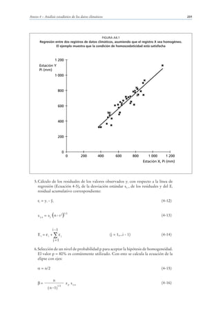 Anexo 4 – Análisis estadístico de los datos climáticos                                                      231




                                                         FIGURA A4.1
       Regresión entre dos registros de datos climáticos, asumiendo que el registro X sea homogéneo.
                  El ejemplo muestra que la condición de homoscedaticidad está satisfecha



                        1 200
       Estación Y
       Pi (mm)
                        1 000



                          800



                          600



                          400



                          200



                                0
                                     0           200   400       600            800      1 000     1 200
                                                                                      Estación X, Pi (mm)




   5. Cálculo de los residuales de los valores observados yi con respecto a la línea de
      regresión (Ecuación 4-5), de la desviación estándar sy, x de los residuales y del Ei
      residual acumulativo correspondiente:

       i   = yi -   i                                                                            (4-12)


      s y,x = sy (n - r 2)
                                    1/2
                                                                                                 (4-13)


               i -1
      Ei = εi + ∑ εj                                         (j = 1,...i - 1)                    (4-14)
                j =1

   6. Selección de un nivel de probabilidad p para aceptar la hipótesis de homogeneidad.
      El valor p = 80% es comúnmente utilizado. Con esto se calcula la ecuación de la
      elipse con ejes:

           = n/2                                                                                 (4-15)


                    n
      β=                             z p s y,x                                                   (4-16)
                          1/2
               ( n - 1)
 