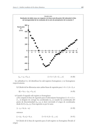 Anexo 4 – Análisis estadístico de los datos climáticos                                                         237




                                                         FIGURA A4.6
               Residuales de doble masa con respecto a la línea recta (Ecuación 26) indicando la falta
                  de homogeneidad de los residuales de la serie de precipitación de la estación Y


                         800
       Residuales
           Ei
         (mm)
                         600



                         400



                         200

                                                                                                           i
                            0
                                1    4    7    10   13   16   19    22    25     28   31   34   37   40   43


                         -200



                         -400



                         -600



             nh,i   = anh + bnh xi                            (i = k + 1, k + 2, ..., n)         (4-28)

   los subíndices h y nh identifican los sub-registros homogéneos y no homogéneos
respectivamente.

      b) Cálculo de las diferencias entre ambas líneas de regresión para i = k + 1, k + 2., n

                i   = bh xi - (anh + bnh xi)                                                     (4-29)

   6. Cuando el segundo sub-registro es homogéneo:
      a) Se computa la línea de regresión para el subconjunto homogéneo (i = k +1, k +
      2..., n) después de corregir las coordenadas (xi, yi) usando las coordenadas del
      punto de discontinuidad (xk, yk), es decir moviendo el origen de coordenadas
      desde (0, 0) a (xk, yk). Esta regresión es por lo tanto

        i   - yk = bh (xi - xk)                                                                  (4-30)

      entonces

       i    = (yk - bh xk) + bh xi                  (i = k +1, k + 2, ..., n.)                   (4-31)

     b) Cálculo de la línea de regresión para el sub-registro no homogéneo llevado al
origen:
 