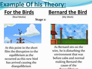 Example Of his Theory:
For the Birds
(Real Media)
Bernard the Bird
(My Work)
Stage 2:
At this point in the short
film the disruption to the
equilibrium as the
occurred as this new bird
has arrived causing the
disequilibrium
As Bernard sits on the
wire, he is disturbing the
environment that was
before calm and normal
making Bernard the
cause of the
 
