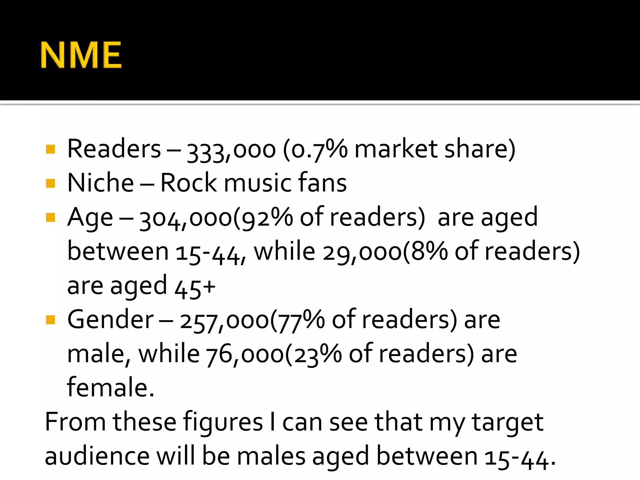 NMEReaders – 333,000 (0.7% market share)Niche – Rock music fansAge – 304,000(92% of readers)  are aged between 15-44, while 29,000(8% of readers) are aged 45+Gender – 257,000(77% of readers) are male, while 76,000(23% of readers) are female.From these figures I can see that my target audience will be males aged between 15-44.