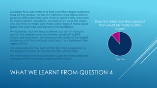 Question four was more of a find what the target audience
think of the product to see if it matches their expectations
given by Biffys previous work, than to see if there was room
for improvement. However, we did just go over the video
one last time to make sure there were none of these black
gaps that Luke had mentioned in his feedback.
We did learn that we had achieved our aim in trying to
match the themes and conventions given off in Biffy
Clryo’s previous work, as numerous members of the target
audience said that we had matched, if not bettered their
expectations.

Does this video look like a product
that would be made by Biffy
Clyro?

We also added in the text bit that Eric had suggested, as
this helped to clear up the plot for the whole video.
We then asked one final question: Does this video look like
a product that would be made by Biffy Clyro?

WHAT WE LEARNT FROM QUESTION 4

Yes

no

 