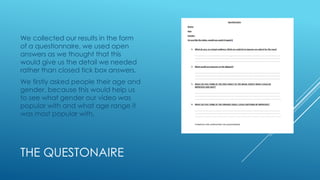 We collected our results in the form
of a questionnaire, we used open
answers as we thought that this
would give us the detail we needed
rather than closed tick box answers.
We firstly asked people their age and
gender, because this would help us
to see what gender our video was
popular with and what age range it
was most popular with.

THE QUESTONAIRE

 