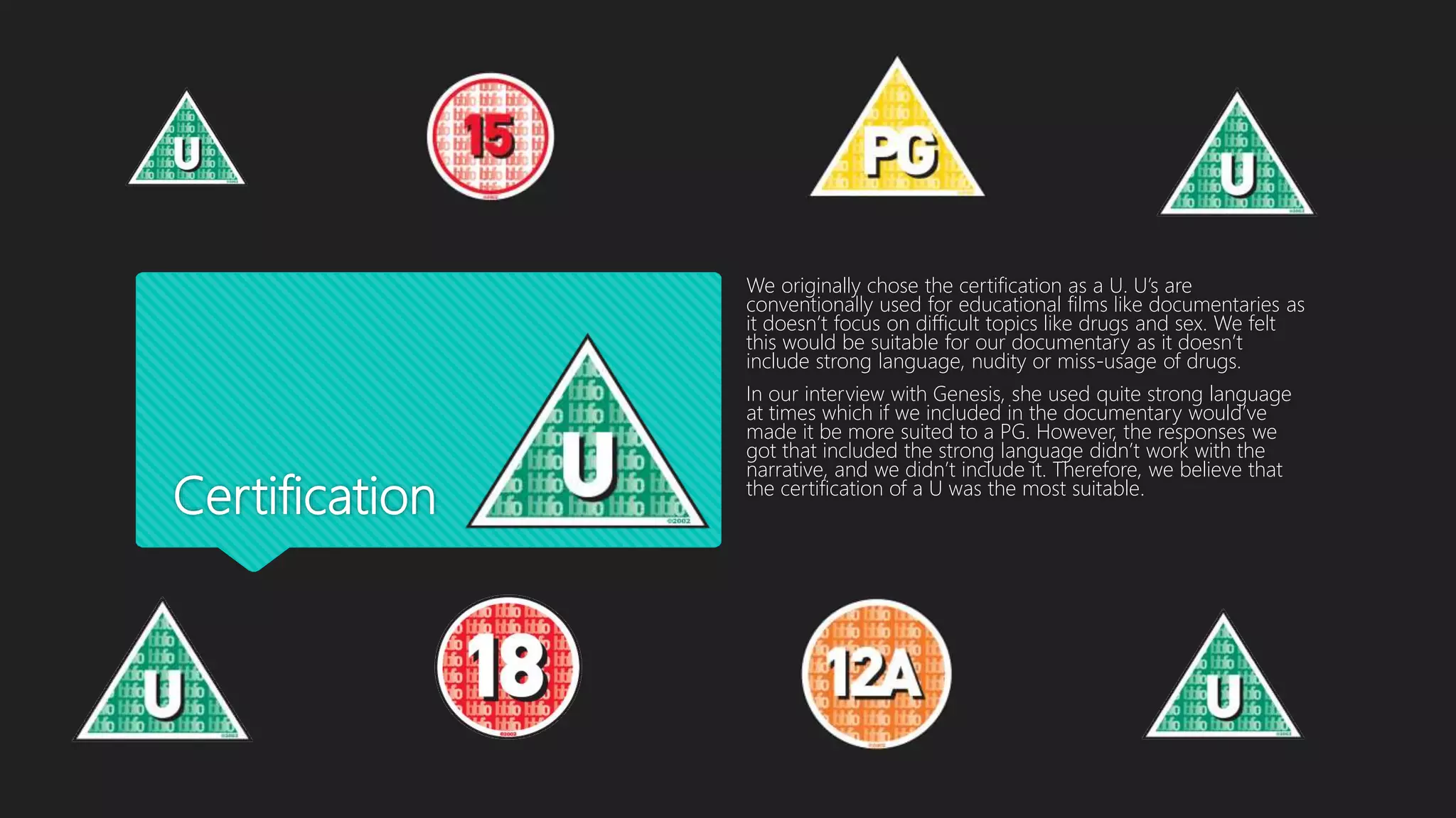 Certification
We originally chose the certification as a U. U’s are
conventionally used for educational films like documentaries as
it doesn’t focus on difficult topics like drugs and sex. We felt
this would be suitable for our documentary as it doesn’t
include strong language, nudity or miss-usage of drugs.
In our interview with Genesis, she used quite strong language
at times which if we included in the documentary would’ve
made it be more suited to a PG. However, the responses we
got that included the strong language didn’t work with the
narrative, and we didn’t include it. Therefore, we believe that
the certification of a U was the most suitable.
 