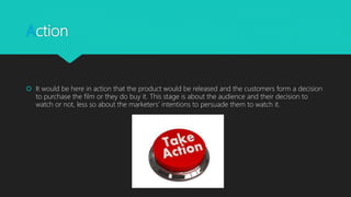 Action
 It would be here in action that the product would be released and the customers form a decision
to purchase the film or they do buy it. This stage is about the audience and their decision to
watch or not, less so about the marketers’ intentions to persuade them to watch it.
 