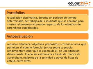 Portafolios
Autoevaluación
requiere establecer objetivos, propósitos y criterios claros, que
permitan al alumno formular juicios sobre su propio
rendimiento y saber qué se espera de él, en una situación
determinada. Puede ser estimulada a través de: diarios de
aprendizaje, registros de la actividad a través de listas de
cotejo, entre otros.
recopilación sistemática, durante un período de tiempo
determinado, de trabajos del estudiante que se analizan para
mostrar el progreso alcanzado respecto de los objetivos de
aprendizaje establecidos.
 
