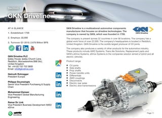 GKN Driveline is a multinational automotive components
manufacturer that focuses on driveline technologies. The
company is owned by GKN, which was founded in 1759.
The company is present across 22 countries in over 56 locations. The company has a
global work force of over 22,000. The company’s headquarters is located in Redditch,
United Kingdom. GKN Driveline is the worlds largest producer of CV joints.
The company also produces a variety of other products for the automotive industry.
These products include AWD Systems, Trans Ale Solutions, Replacement parts and
GKN’s eDrive Systems. eDrive Systems is the companies solution aimed a hybrid and all
electric vehicles.
Product range:
CV joints
Side shafts
Prop shafts
Power transfer units
Diﬀerentials
AWD couplings
Disconnects
Electric rear axles
Electric dive transmissions
Section 1
AT A GLANCE
1. Established: 1759
2. Employs: 22,000
3. Turnover Q1 2015: 2.678 Billion BPS
GKN Driveline
Page 11
GKN Driveline PLC
Ipsley House, Ipsley Church Lane,
Redditch, Worcestershire B98 0AJ,
United Kingdom
Tel: +44 (0) 152 753 3600
Email: info@gkndrive.com
Helmuth Rohregger
President Europe
Philippe Doumeingts
Senior Vice President Purchasing & Supply
Chain
Mohammed Zameer
Vice President Global Manufacturing
Engineering
Rainer Dr. Link
Vice President Business Development AWD/
eDrive
 