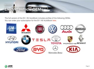 Section 2
Electric Vehicle OEMs
Page 9
The full version of the EV / AV AutoBook includes proﬁles of the following OEMs. 
You can order your subscription for the EV / AV AutoBook here.
 
