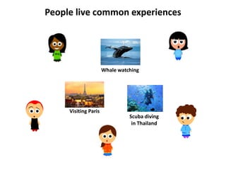 People live common experiences




                      Whale watching




     Visiting Paris
                                Scuba diving
                                 in Thailand
 