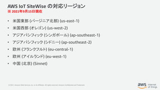 © 2021, Amazon Web Services, Inc. or its Affiliates. All rights reserved. Amazon Confidential and Trademark
AWS IoT SiteWise の対応リージョン
※ 2021年9月15日現在
• 米国東部 (バージニア北部) (us-east-1)
• 米国西部 (オレゴン) (us-west-2)
• アジアパシフィック (シンガポール) (ap-southeast-1)
• アジアパシフィック (シドニー) (ap-southeast-2)
• 欧州 (フランクフルト) (eu-central-1)
• 欧州 (アイルランド) (eu-west-1)
• 中国 (北京) (Sinnet)
 