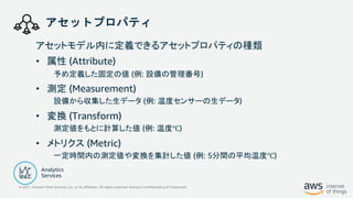© 2021, Amazon Web Services, Inc. or its Affiliates. All rights reserved. Amazon Confidential and Trademark
アセットプロパティ
アセットモデル内に定義できるアセットプロパティの種類
• 属性 (Attribute)
予め定義した固定の値 (例: 設備の管理番号)
• 測定 (Measurement)
設備から収集した生データ (例: 温度センサーの生データ)
• 変換 (Transform)
測定値をもとに計算した値 (例: 温度℃)
• メトリクス (Metric)
一定時間内の測定値や変換を集計した値 (例: 5分間の平均温度℃)
 