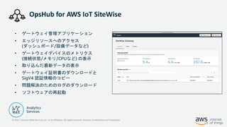 © 2021, Amazon Web Services, Inc. or its Affiliates. All rights reserved. Amazon Confidential and Trademark
OpsHub for AWS IoT SiteWise
• ゲートウェイ管理アプリケーション
• エッジリソースへのアクセス
(ダッシュボード/設備データなど)
• ゲートウェイデバイスのメトリクス
(接続状態/メモリ/CPUなど) の表示
• 取り込んだ最新データの表示
• ゲートウェイ証明書のダウンロードと
SigV4 認証情報のコピー
• 問題解決のためのログのダウンロード
• ソフトウェアの再起動
 