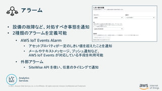 © 2021, Amazon Web Services, Inc. or its Affiliates. All rights reserved. Amazon Confidential and Trademark
アラーム
• 設備の故障など...