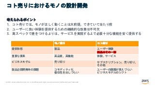 © 2021, Amazon Web Services, Inc. or its Affiliates.All rights reserved. Amazon Confidential and Trademark.
コト売りにおけるモノの設計開発
考えられるポイント
1. コト売りでは、モノが正しく動くことは大前提。できていて当たり前
2. ユーザーに良い体験を提供するための継続的な改善は不可欠
3. 高スペックで差をつけるよりは、サービスを実現する上で必要十分な機能を安く提供する
モノ売り コト売り
提供形態 製品 ユーザー体験
製品はその一部
重要な要素 高品質、高機能 体験、サービス
ビジネスモデル 売り切り サブスクリプション、売り切り、
その他
製品企画開発時の課題 コモディティ化
優位性を出しづらい
ユーザーの課題が見えづらい
ビジネスモデルのシフト
 