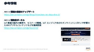 © 2021, Amazon Web Services, Inc. or its Affiliates.All rights reserved. Amazon Confidential and Trademark.
参考情報
AWS IoT関連の最新のアップデート
https://aws.amazon.com/jp/blogs/news/aws-iot-deep-dive-2/
AWS IoT開発者ポータル
IoT 関連の国内の事例や、セミナーの情報、IoT エンジニア向けのオンラインハンズオンや学習の
ためのデジタルコンテンツなどを随時更新
https://aws.amazon.com/jp/local/iot/
 