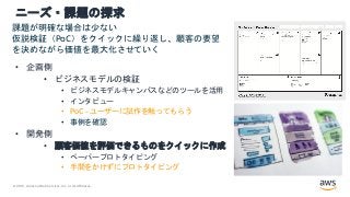 © 2021, Amazon Web Services, Inc. or its Affiliates.
ニーズ・課題の探求
• 企画側
• ビジネスモデルの検証
• ビジネスモデルキャンバスなどのツールを活用
• インタビュー
• PoC - ユーザーに試作を触ってもらう
• 事例を確認
• 開発側
• 顧客価値を評価できるものをクイックに作成
• ペーパープロトタイピング
• 手間をかけずにプロトタイピング
課題が明確な場合は少ない
仮説検証（PoC）をクイックに繰り返し、顧客の要望
を決めながら価値を最大化させていく
 