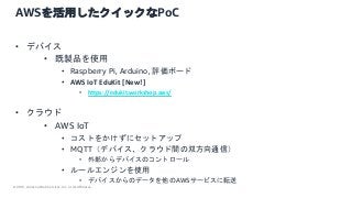 © 2021, Amazon Web Services, Inc. or its Affiliates.
AWSを活用したクイックなPoC
• デバイス
• 既製品を使用
• Raspberry Pi, Arduino, 評価ボード
• AWS IoT EduKit [New!]
• https://edukit.workshop.aws/
• クラウド
• AWS IoT
• コストをかけずにセットアップ
• MQTT（デバイス、クラウド間の双方向通信）
• 外部からデバイスのコントロール
• ルールエンジンを使用
• デバイスからのデータを他のAWSサービスに転送
 
