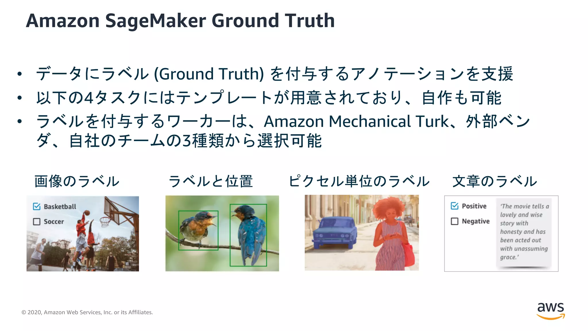 © 2020, Amazon Web Services, Inc. or its Affiliates.
Amazon SageMaker Ground Truth
• データにラベル (Ground Truth) を付与するアノテーションを支援
• 以下の4タスクにはテンプレートが用意されており、自作も可能
• ラベルを付与するワーカーは、Amazon Mechanical Turk、外部ベン
ダ、自社のチームの3種類から選択可能
画像のラベル ラベルと位置 文章のラベルピクセル単位のラベル
 