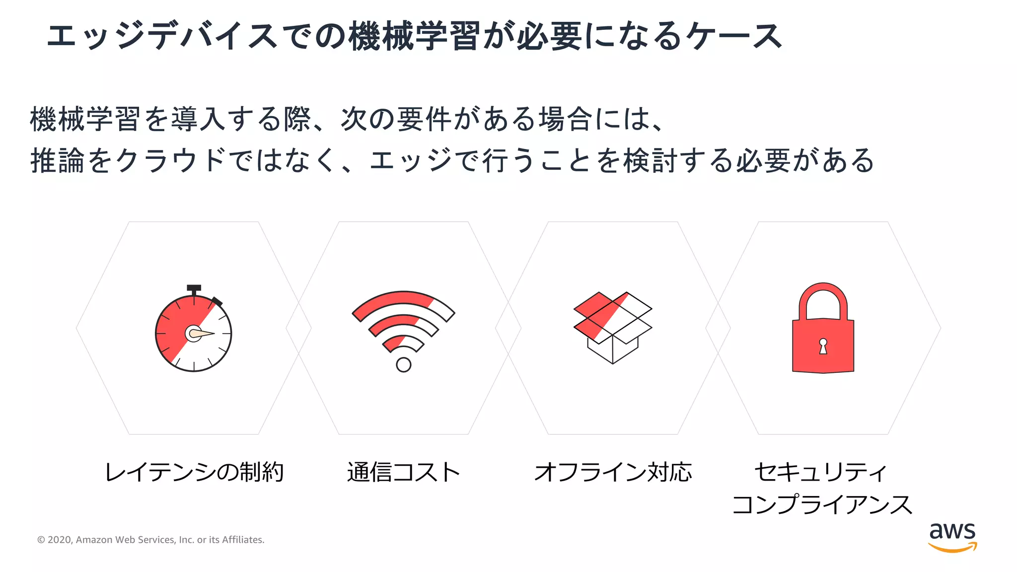 © 2020, Amazon Web Services, Inc. or its Affiliates.
エッジデバイスでの機械学習が必要になるケース
レイテンシの制約 通信コスト オフライン対応 セキュリティ
コンプライアンス
機械学習を導入する際、次の要件がある場合には、
推論をクラウドではなく、エッジで行うことを検討する必要がある
 