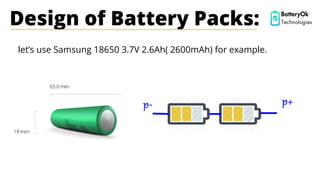 Design of Battery Packs:
let’s use Samsung 18650 3.7V 2.6Ah( 2600mAh) for example.
BatteryOk
Technologies
 