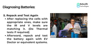 DiagnosingBatteries:
BatteryOk
Technologies
5. Repack and Test Again
After replacing the cells with
appropriate ones, make sure
the IR and V levels are
matching it. (Do Thermal
tests if required)
Afterward, repack and test
the battery again with EV
Doctor or equivalent systems.
 