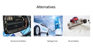 Alternatives
Aluminum Air Battery Hydrogen Fuel Na-ion Battery
 