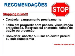 RECOMENDAÇÕES Stopping rules!!! Controlar sangramento precisamente Falha em progredir com passos, visualização prejudicada, incerteza da anatomia, falhas de tração ou preensão Converter, abortar ou usar coleciste parcial ou colecistostomia Strasberg, JACS 2005; 201: 604 