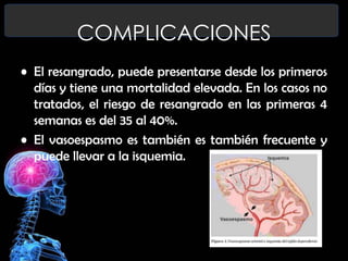 COMPLICACIONES
• El resangrado, puede presentarse desde los primeros
días y tiene una mortalidad elevada. En los casos no
tratados, el riesgo de resangrado en las primeras 4
semanas es del 35 al 40%.
• El vasoespasmo es también es también frecuente y
puede llevar a la isquemia.

 