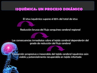ISQUÉMICA: UN PROCESO DINÁMICO
El ictus isquémico supone el 85% del total de ictus

Reducción brusca del flujo sanguíneo cerebral regional

Las consecuencias inmediatas sobre el tejido cerebral dependerán del
grado de reducción del flujo cerebral

Conversión progresiva e inexorable del tejido cerebral isquémico aún
viable y potencialmente recuperable en tejido infartado

 