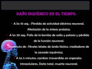 Daño isquémico en el tiempo.
 A los 10 seg. : Pérdida de actividad eléctrica neuronal.
Afectación de la síntesis proteica.

 A los 30 seg.: Fallo de la bomba de sodio y potasio y pérdida
de la función neuronal.
 Al minuto de : Niveles letales de ácido láctico, mediadores de
la cascada isquémica.
 A los 5 minutos: cambios irreversibles en organelos

intracelulares. Daño total, muerte neuronal.

 