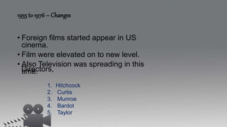 1955 to 1976 – Changes
• Foreign films started appear in US
cinema.
• Film were elevated on to new level.
• Also Television was spreading in this
time.
Directors,
1. Hitchcock
2. Curtis
3. Munroe
4. Bardot
5. Taylor
 