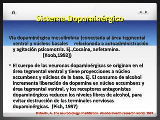 Sistema Dopaminérgico Vía dopaminérgica mesolímbica (conectada al área tegmental ventral y núcleos basales  relacionada a autoadministración y agitación psicomotriz. Ej. Cocaína, anfetamina.  [Koob,1992]) El cuerpo de las neuronas dopaminérgicas se originan en el área tegmental ventral y tiene proyecciones a núcleo accumbens y núcleos de la base. Ej. El consumo de alcohol incrementa liberación de dopamina en núcleo accumbens y área tegmental ventral, y los receptores antagonistas dopaminérgicos reducen los niveles libres de alcohol, para evitar destrucción de las terminales nerviosas dopaminérgicas.  (Pich, 1997) Roberts, A. The neurobiology of addiction. Alcohol health research world. 1997 